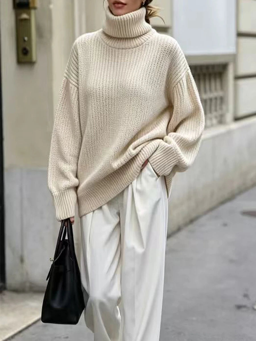 Wilhelmina Rib Knit Turtleneck Drop Shoulder Pullover Sweater - Bold Plum