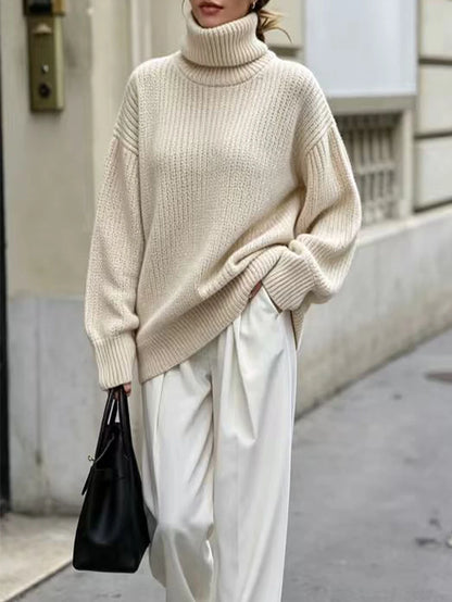 Wilhelmina Rib Knit Turtleneck Drop Shoulder Pullover Sweater - Bold Plum