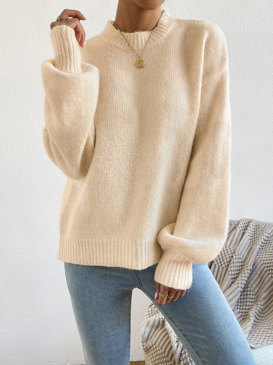 Viola Relaxed Mock Neck Sweater with Drop Shoulders - Cream