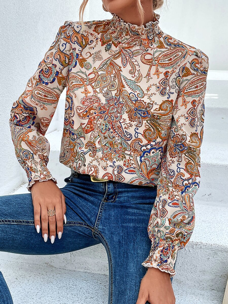 Trieste Paisley Print Frill Trim Mock Neck Blouse