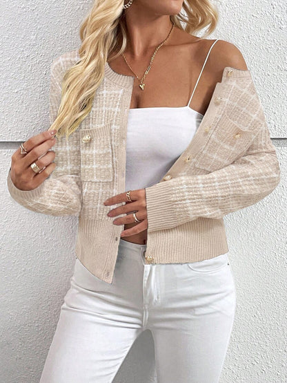 Cheltenham Plaid Tweed Look Cropped Knit Cardigan with Buttons