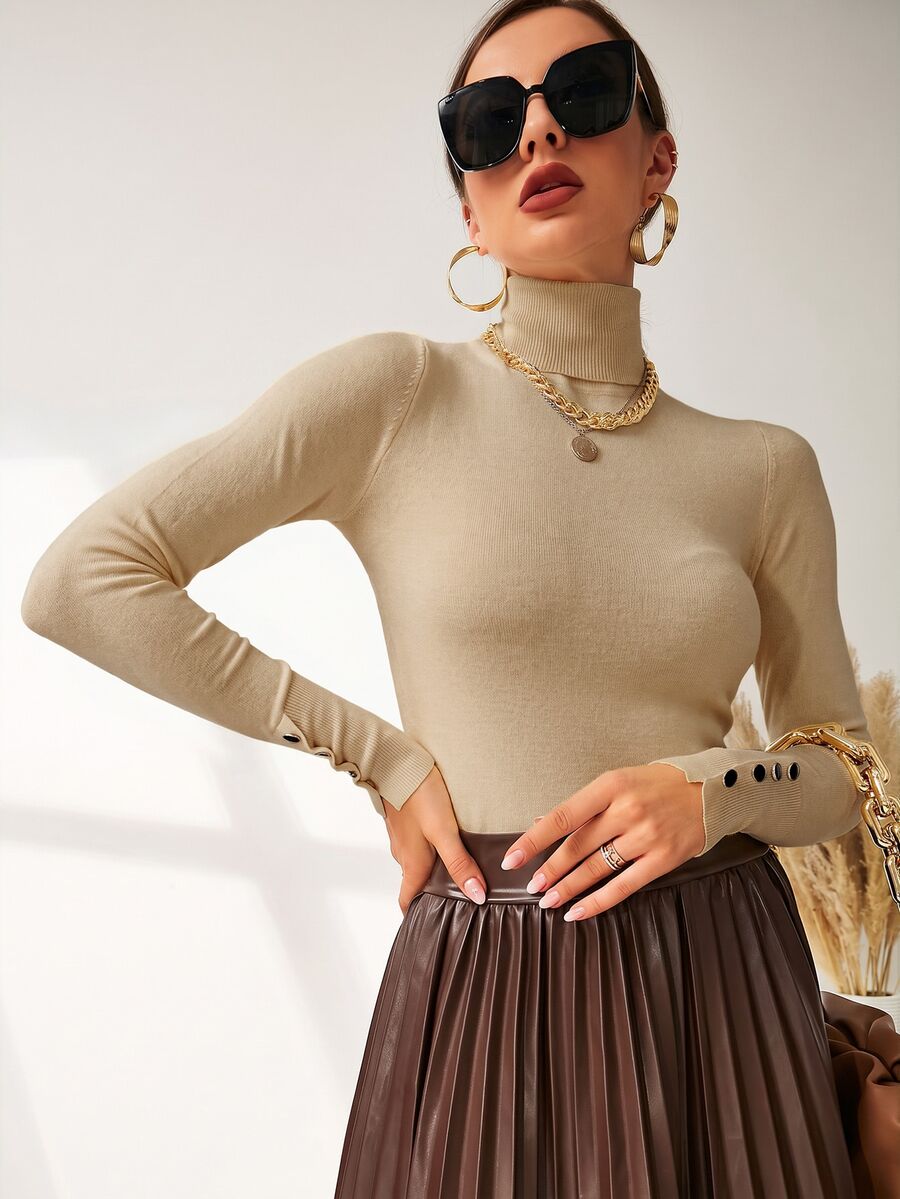 Leuven Ribbed Mock Neck Fitted Sweater with Button Cuffs