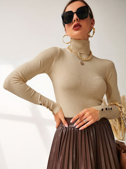 Leuven Ribbed Mock Neck Fitted Sweater with Button Cuffs