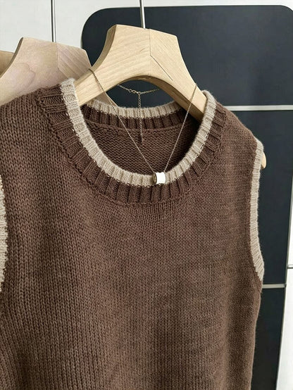 Beatrice Contrast Trim Sleeveless Knit Sweater Vest - Chocolate with Cream Trim