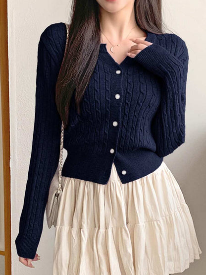 Women's Fitted V-Neck Button Front Cardigan, Twist Knit Sweater for Work and Fall - Black
