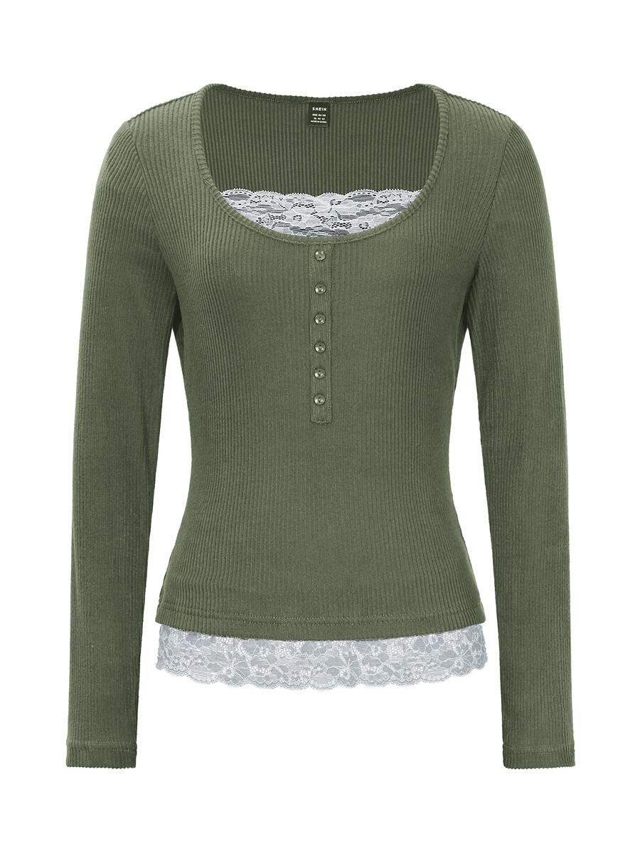 Asheville Lace Trim Layered Look Ribbed Long Sleeve Top