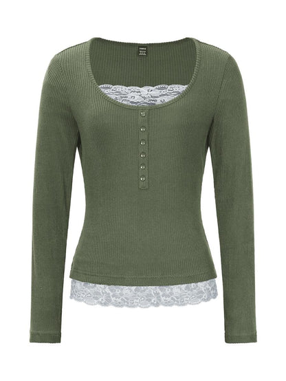 Asheville Lace Trim Layered Look Ribbed Long Sleeve Top