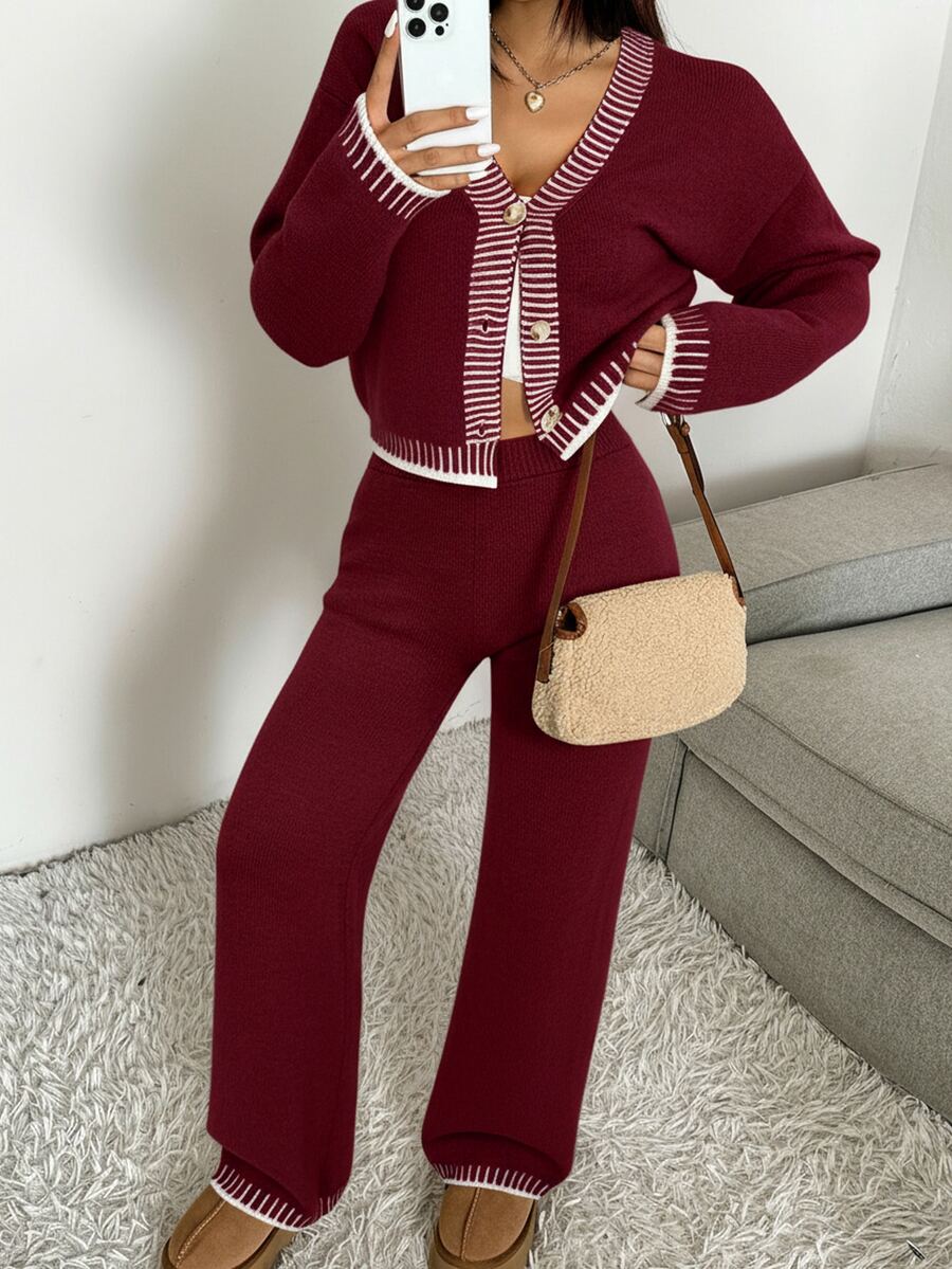 Domenica Contrast Trim Cropped Cardigan and Knit Pants Set - Brown