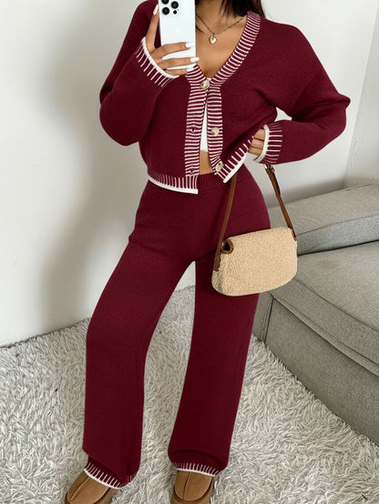 Domenica Contrast Trim Cropped Cardigan and Knit Pants Set - Brown