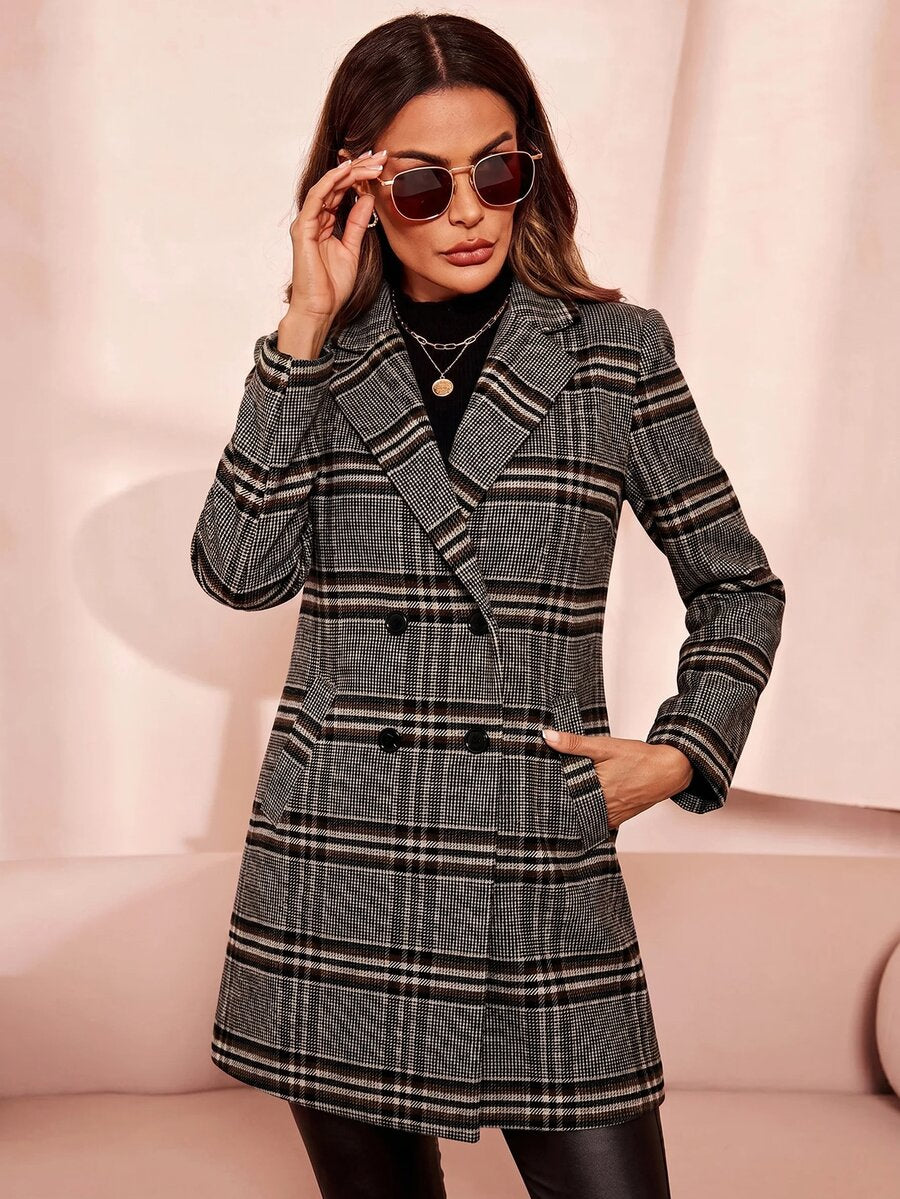 Aveline Double-Breasted Lapel Coat with Tailored Thigh-Length Cut - Khaki