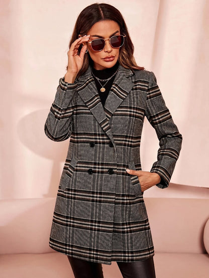 Aveline Double-Breasted Lapel Coat with Tailored Thigh-Length Cut - Khaki