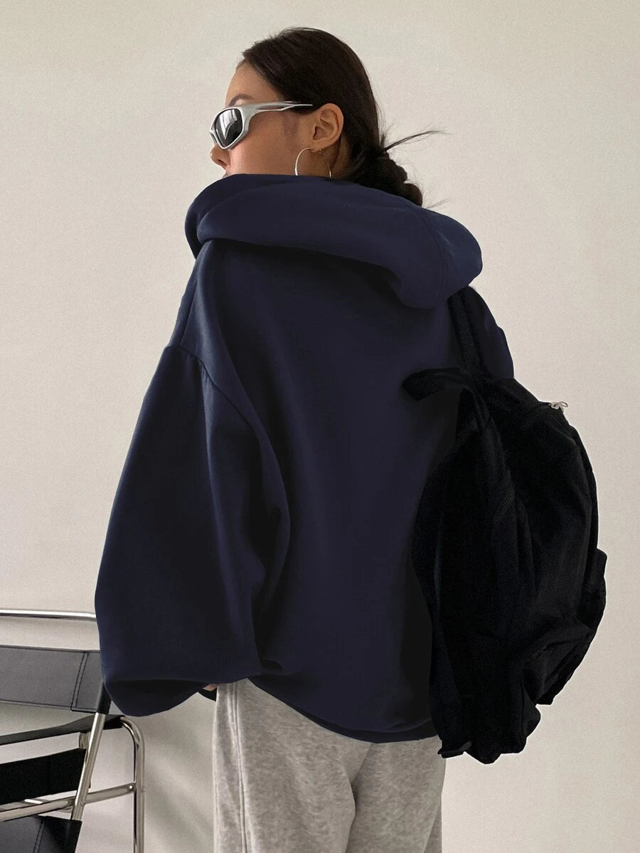 Eleanor Thermal Lined Zip Drawstring Hoodie - Navy Blue