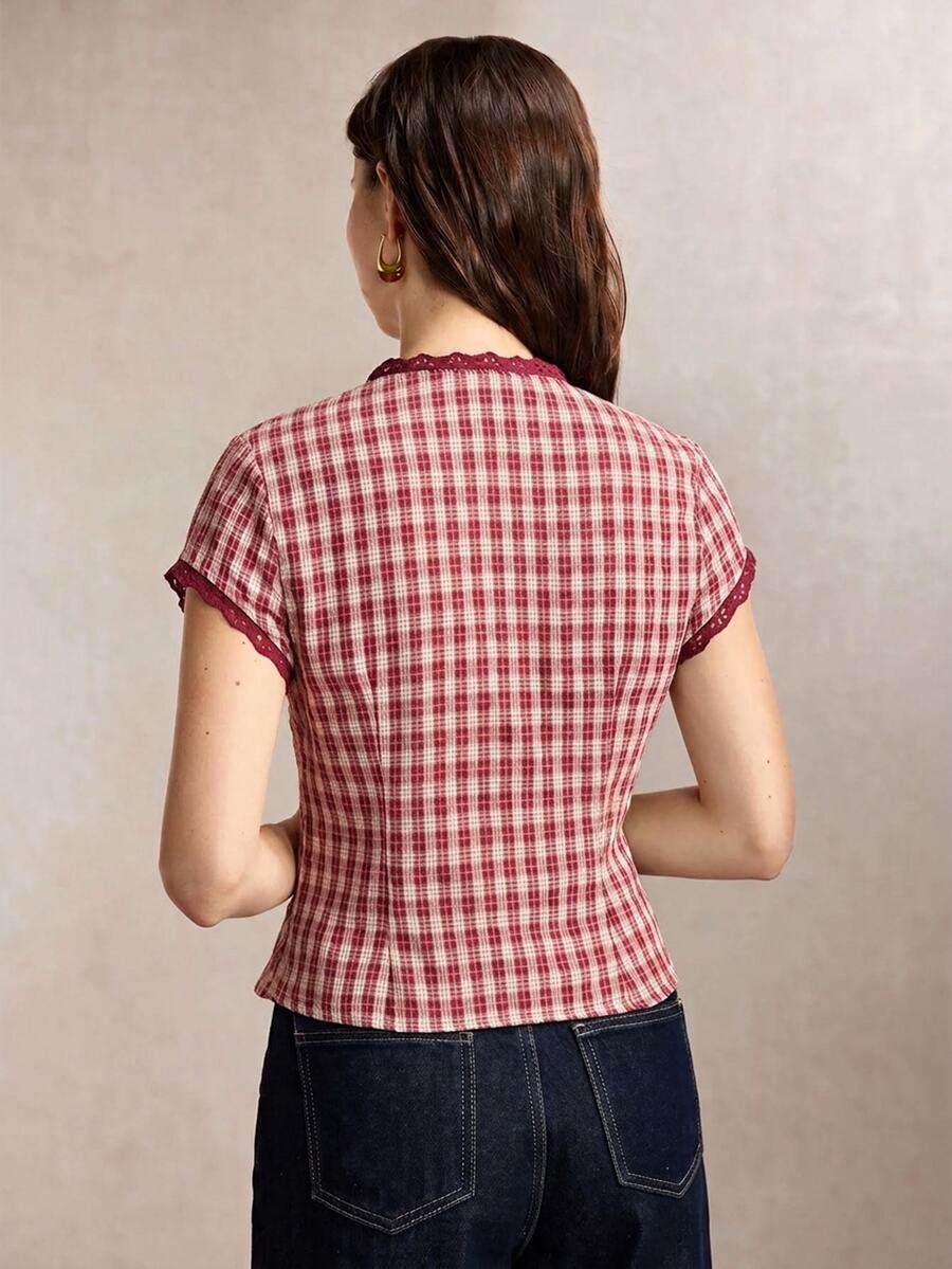 Mirabel Lace Trim Frog Button Short Sleeve Cotton Blouse - Red Gingham