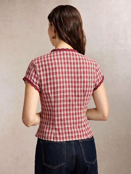 Mirabel Lace Trim Frog Button Short Sleeve Cotton Blouse - Red Gingham