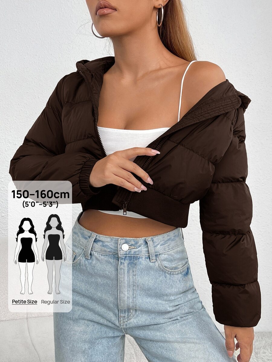 Annika Cropped Hooded Puffer Jacket with Zip Front - Chocolate Brown