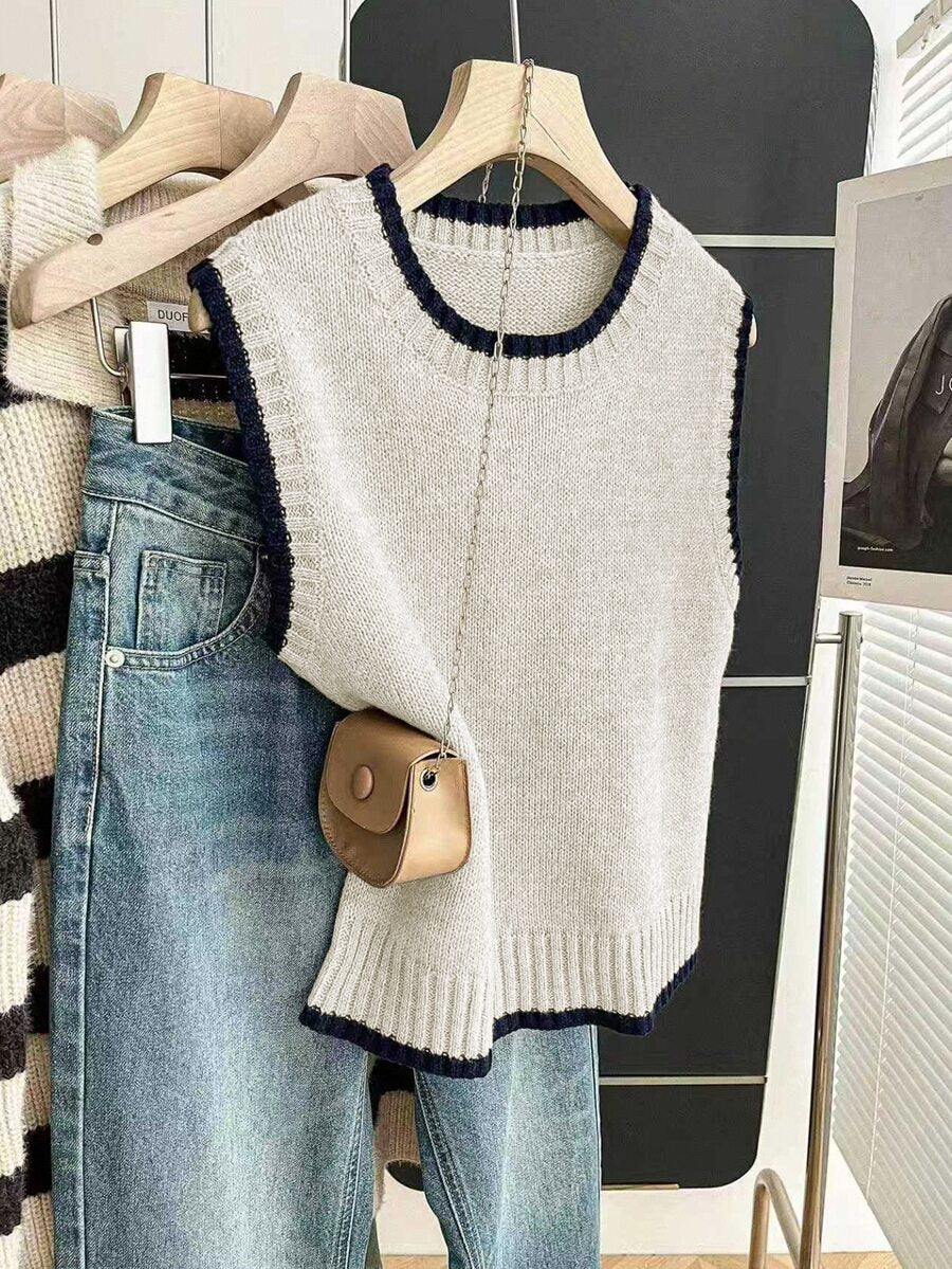 Beatrice Contrast Trim Sleeveless Knit Sweater Vest - Oatmeal with Navy Trim