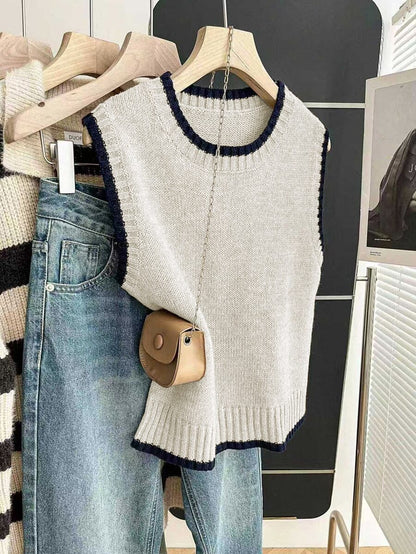 Beatrice Contrast Trim Sleeveless Knit Sweater Vest - Oatmeal with Navy Trim