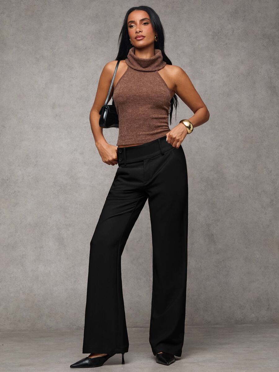 Antonia Low Rise Flare Leg Tailored Trousers with Pockets - Black