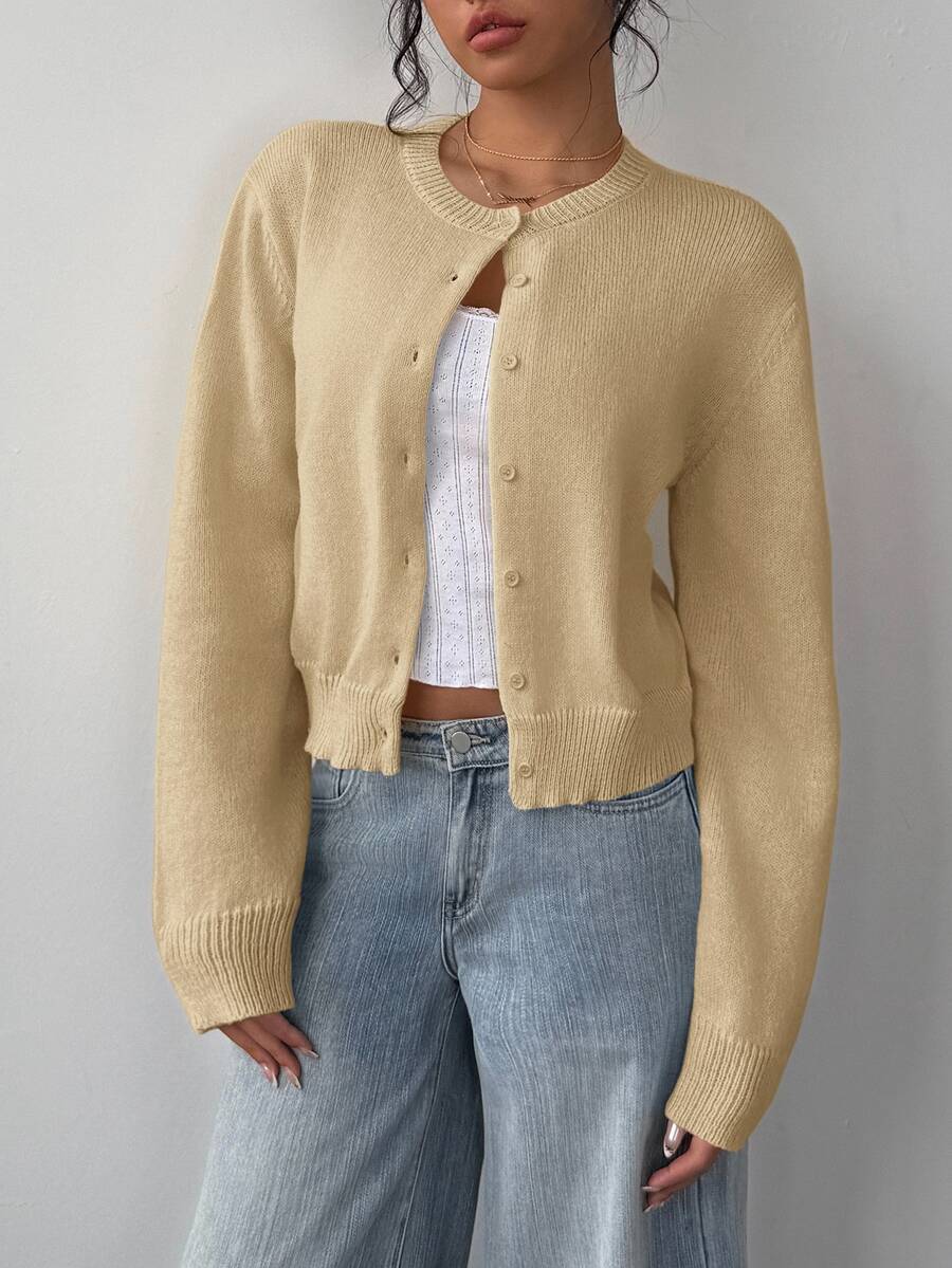 Elowen Round Neck Cropped Cardigan - Beige