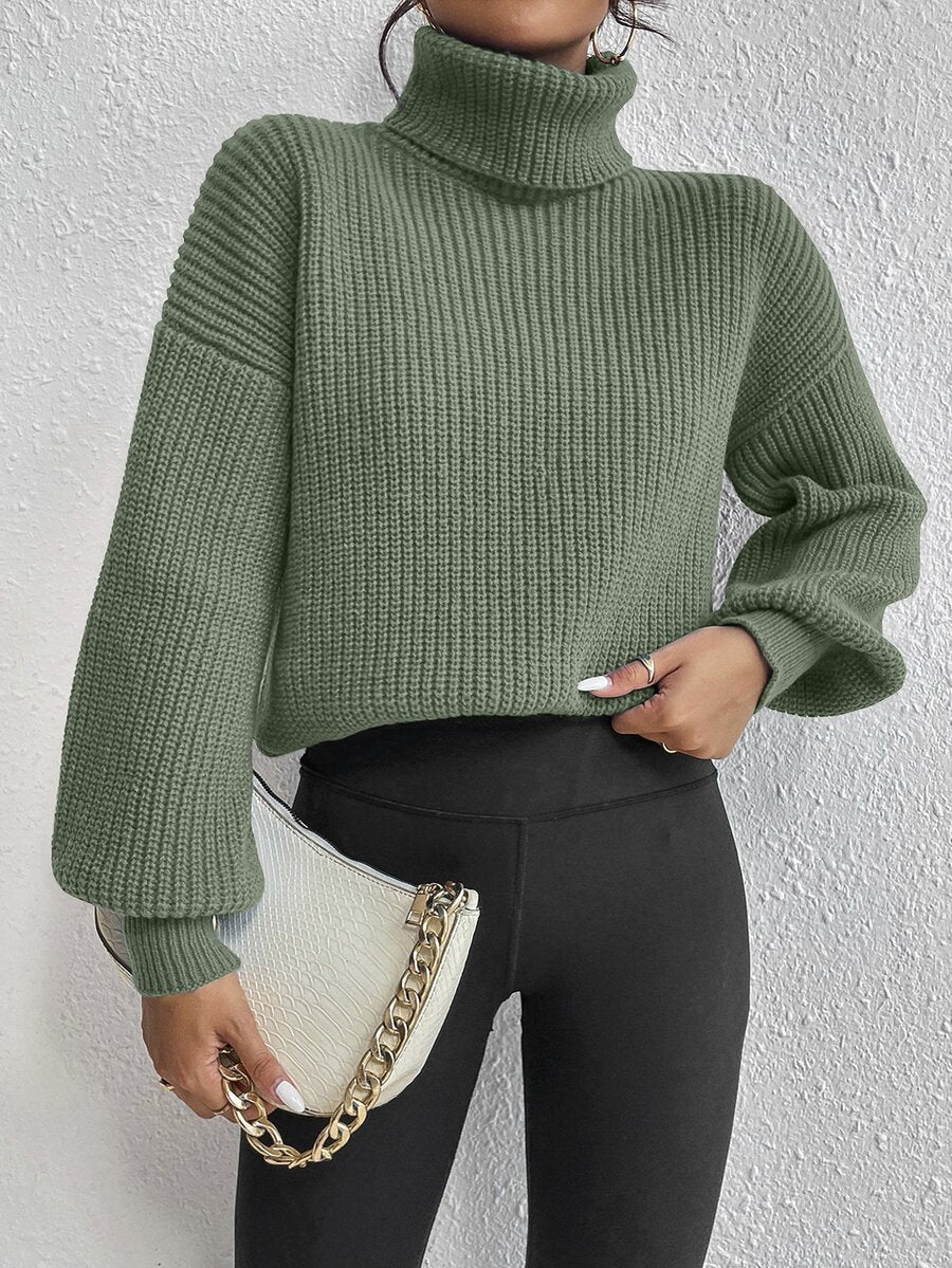 Wilhelmina Rib Knit Turtleneck Drop Shoulder Pullover Sweater - Navy Blue