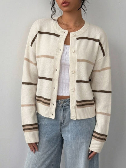 Elowen Round Neck Cropped Cardigan - Brown