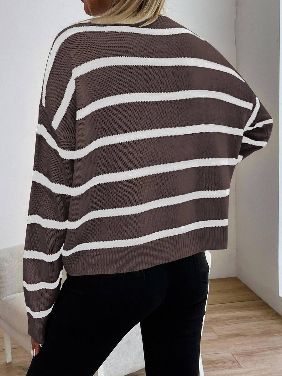 Audrey Striped Drop Shoulder Pullover Sweater - Olive Green