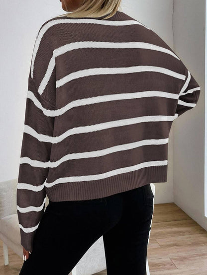 Audrey Striped Drop Shoulder Pullover Sweater - Olive Green