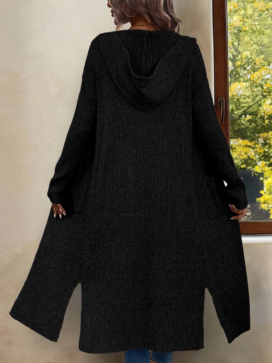 Marianne Hooded Split Hem Longline Duster Cardigan - Black
