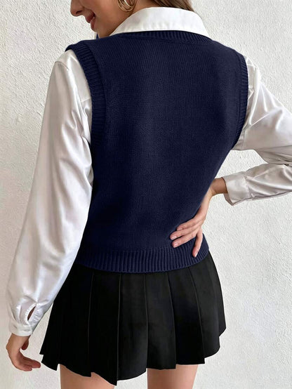 Winifred Classic Cable Knit V-Neck Sleeveless Sweater Vest - Navy