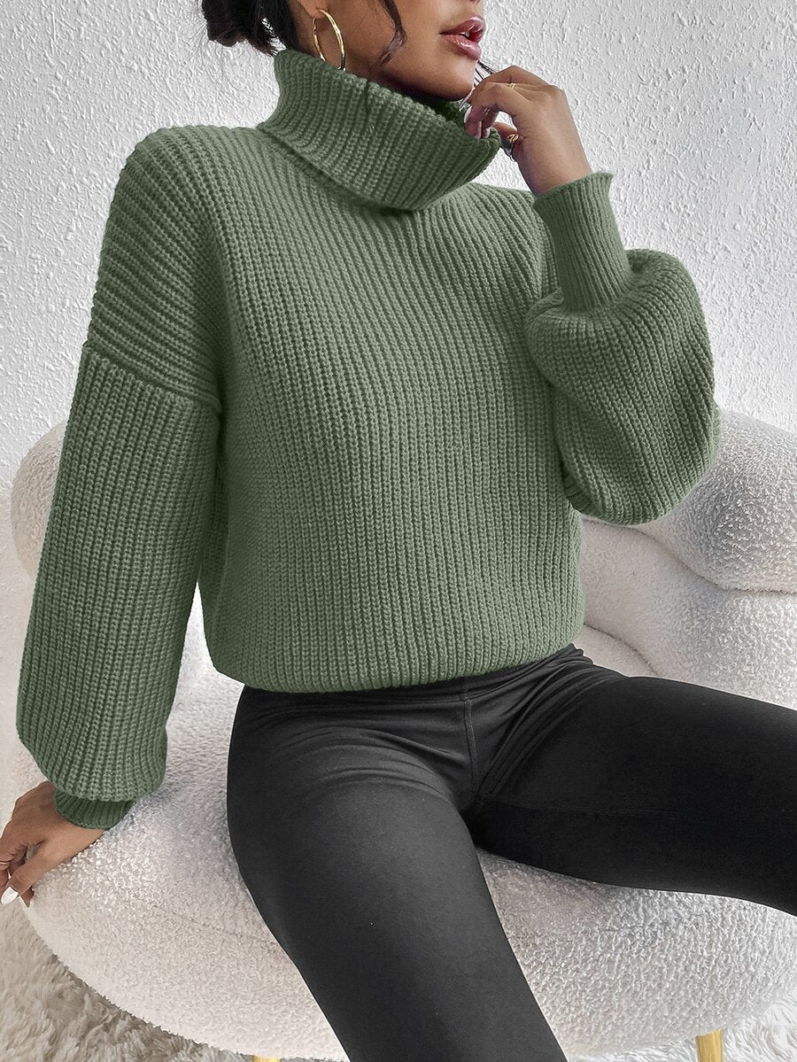 Wilhelmina Rib Knit Turtleneck Drop Shoulder Pullover Sweater - Light Yellow