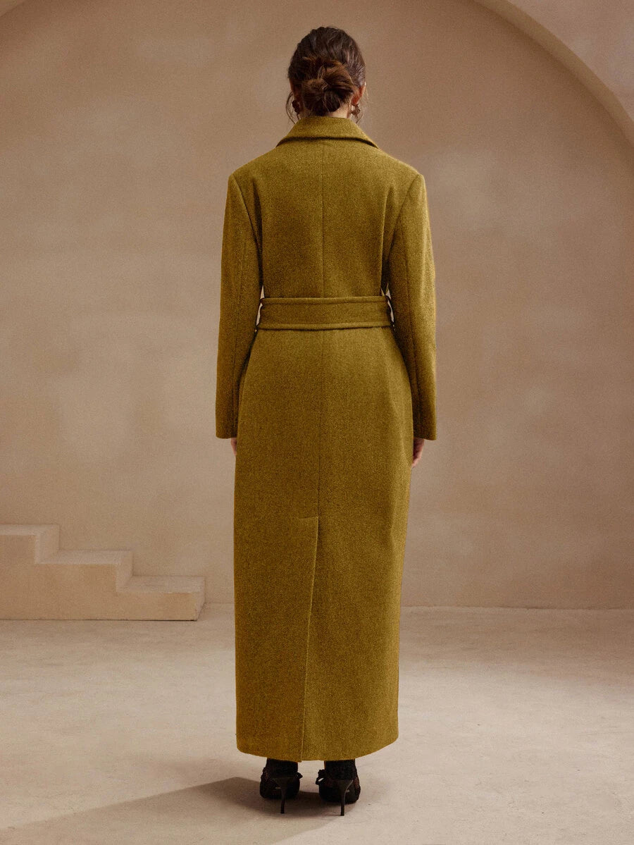 Valeska Belted Double-Breasted Lapel Long Coat with Pockets - Chocolate Brown