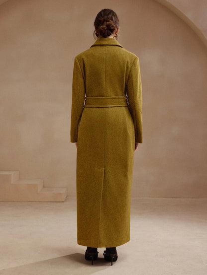 Valeska Belted Double-Breasted Lapel Long Coat with Pockets - Chocolate Brown