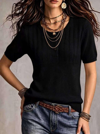 Marielle Textured Knit Half-Button Short Sleeve Sweater Top - Black