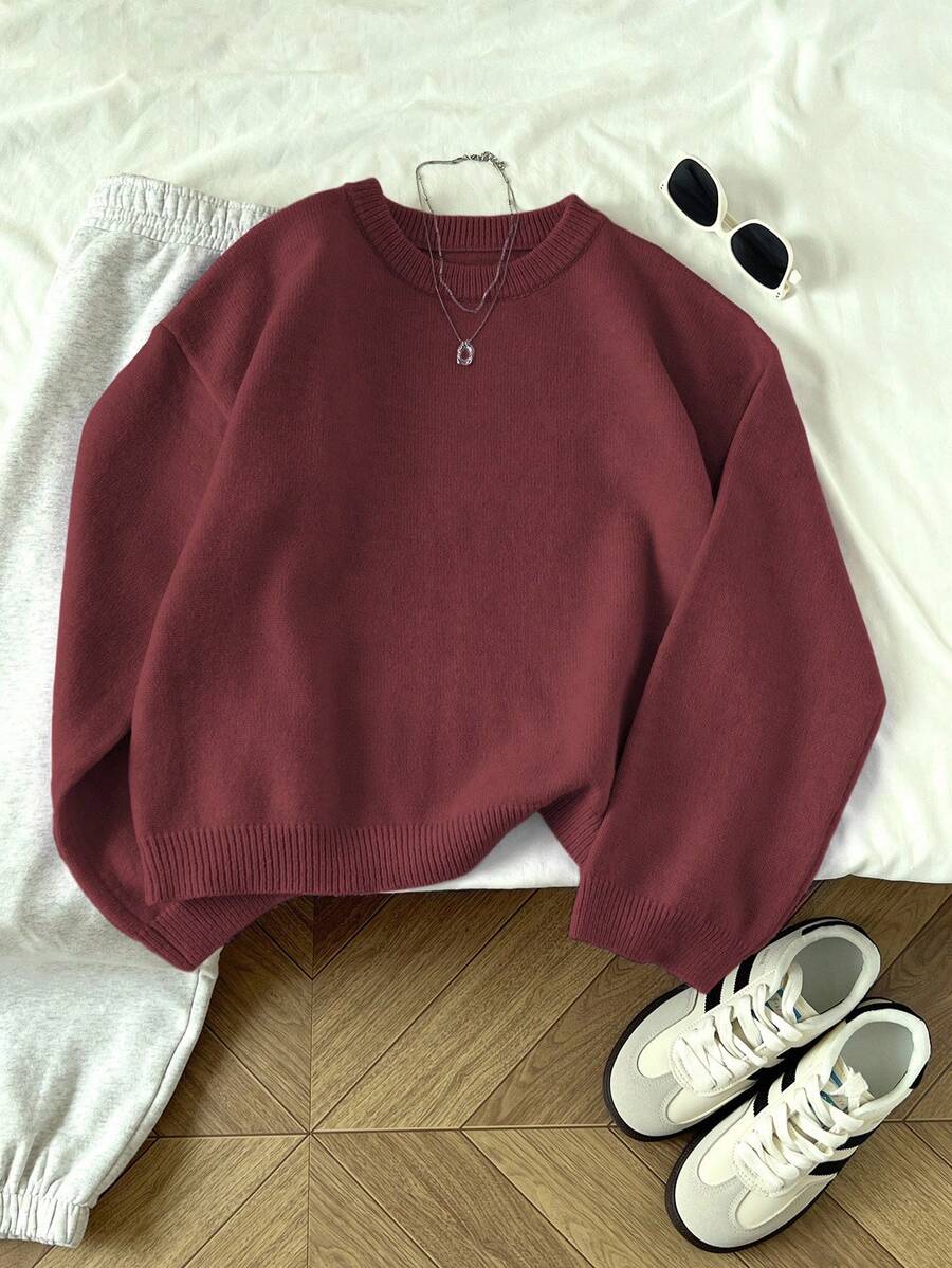 Women's Oversized Crew Neck Pullover Sweater, Relaxed Knit Sweater for Fall Winter - Burgundy