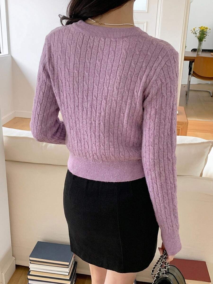 Women's Fitted V-Neck Button Front Cardigan, Twist Knit Sweater for Work and Fall - Purple