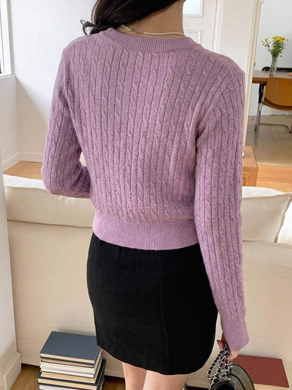 Women's Fitted V-Neck Button Front Cardigan, Twist Knit Sweater for Work and Fall - Purple
