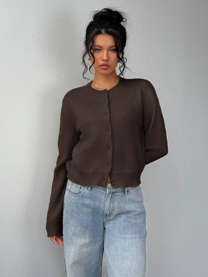 Elowen Round Neck Cropped Cardigan - Brown