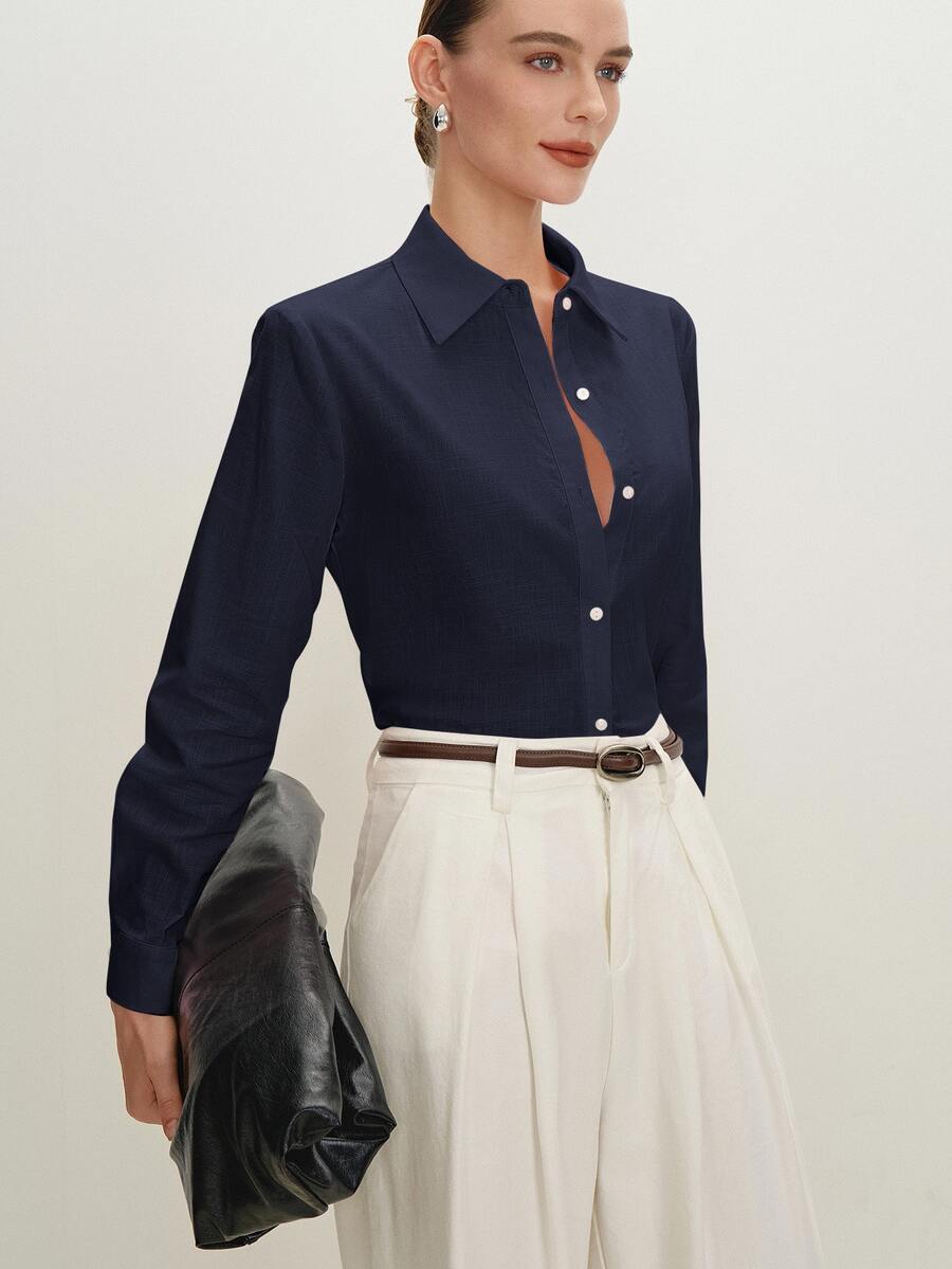 Arabella Classic Collared Button Down Long Sleeve Cotton Shirt - Navy Blue