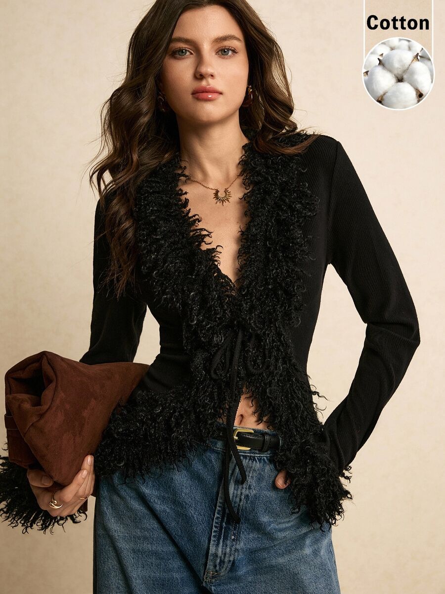 Women's Faux Fur Trim Tie Front Knit Top, Sweater Top for Holiday and Evening - Coffee Brown