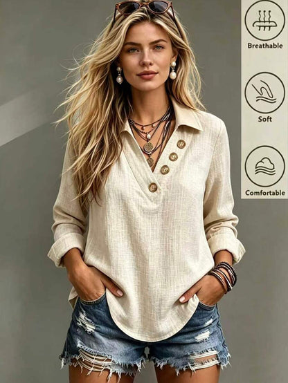Clementine Collared V-Neck Button Detail Textured Long Sleeve Top - Apricot