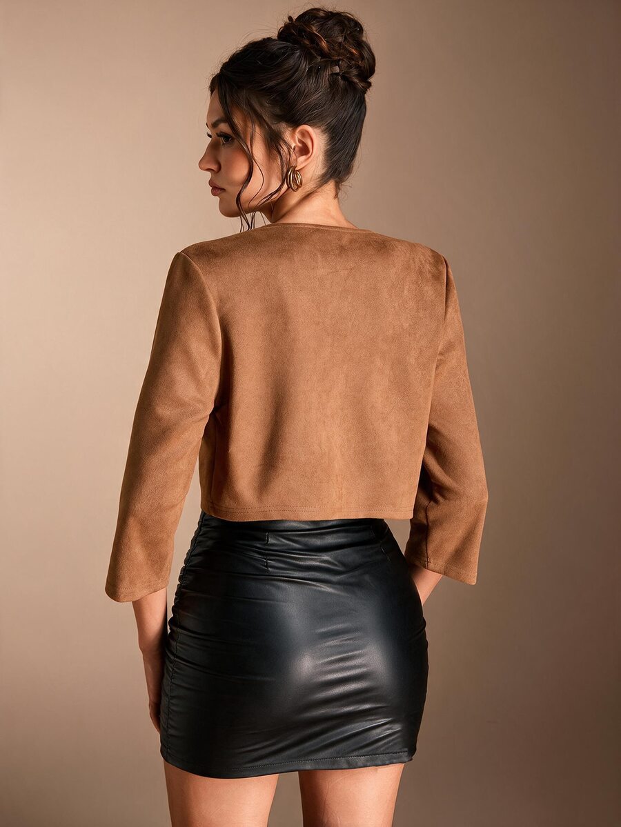 Philomena Pleated Neckline Open Front Cropped Knit Blazer - Camel