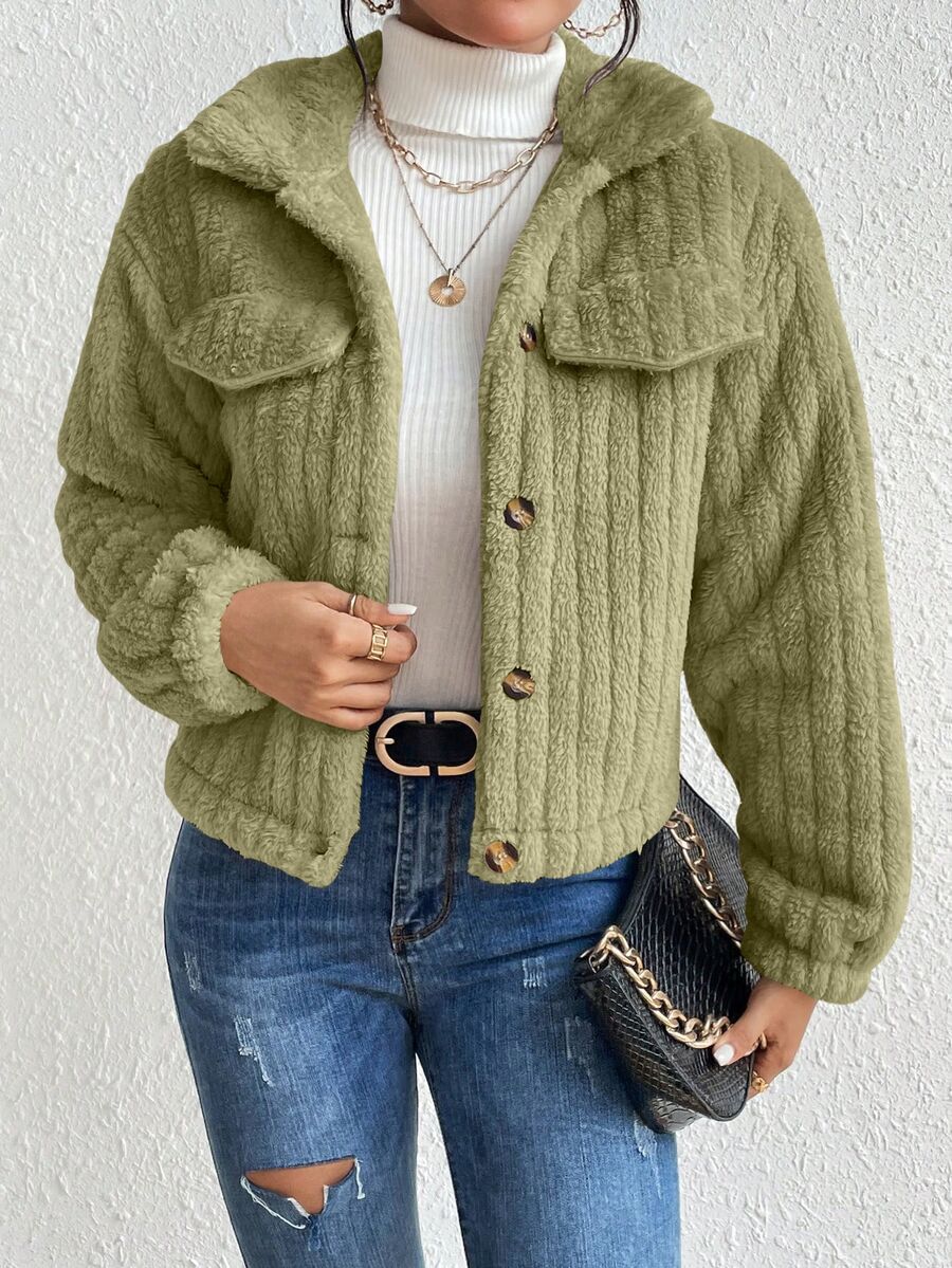 Fiona Flap Detail Fluffy Jacket - Army Green