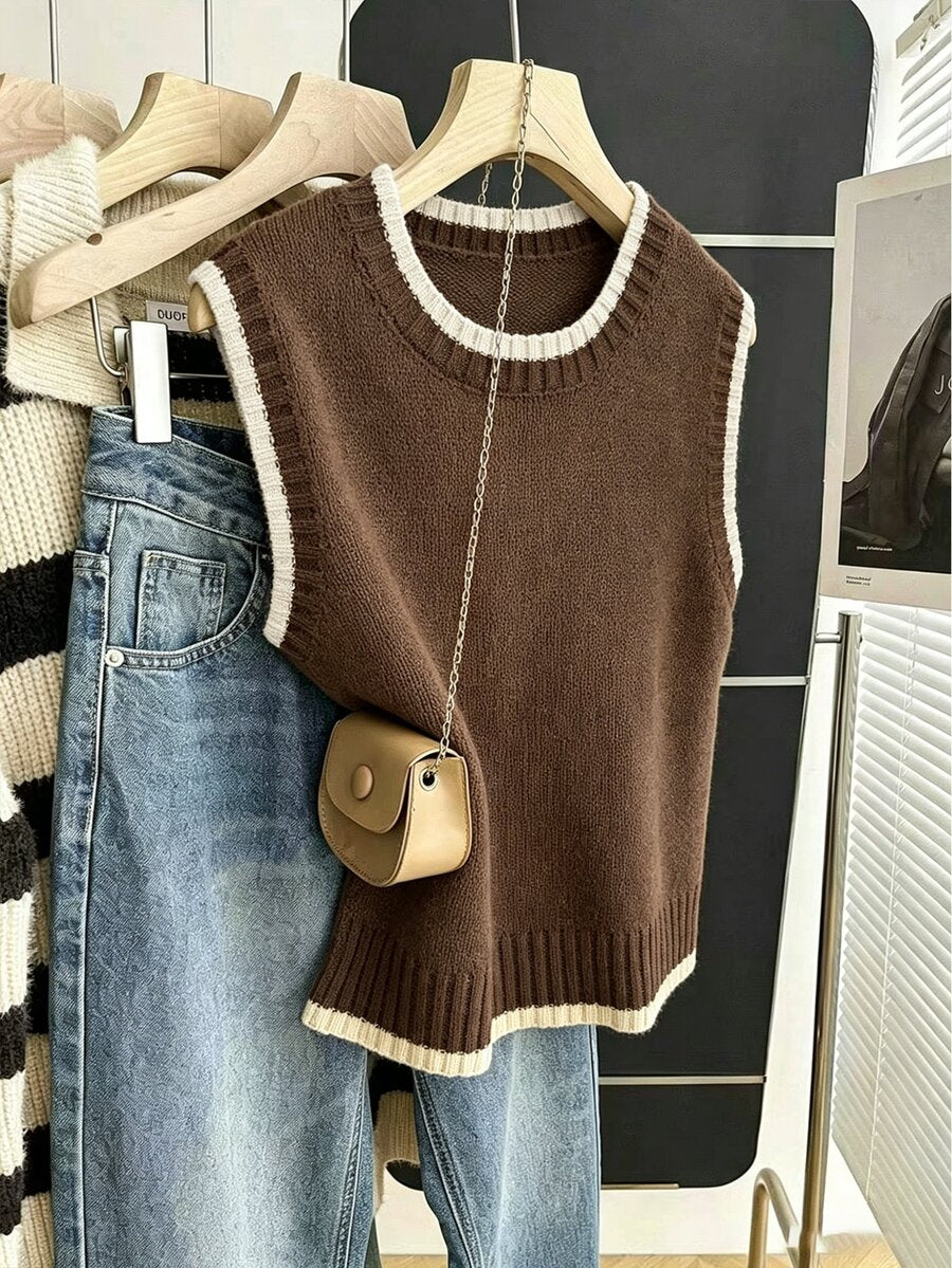 Beatrice Contrast Trim Sleeveless Knit Sweater Vest - Chocolate with Cream Trim