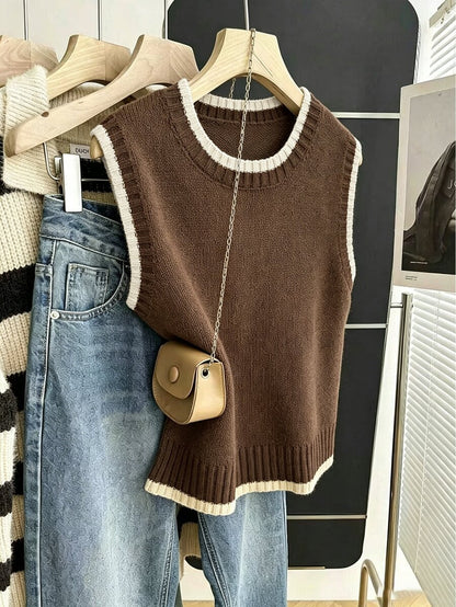 Beatrice Contrast Trim Sleeveless Knit Sweater Vest - Chocolate with Cream Trim