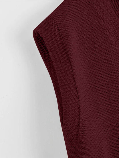 Marisa Fine Knit V-Neck Sleeveless Sweater Vest - Burgundy
