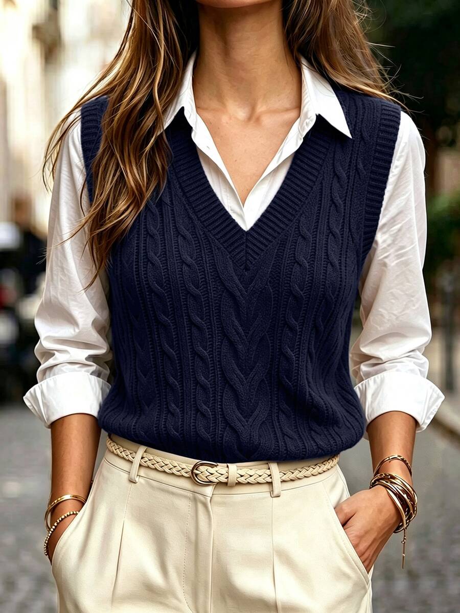Winifred Classic Cable Knit V-Neck Sleeveless Sweater Vest - Navy
