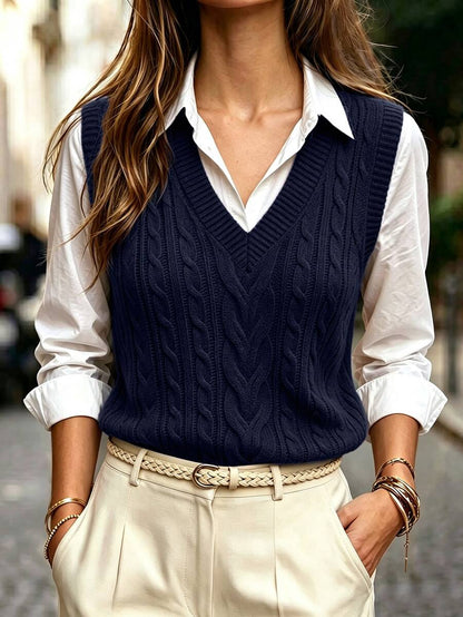 Winifred Classic Cable Knit V-Neck Sleeveless Sweater Vest - Navy