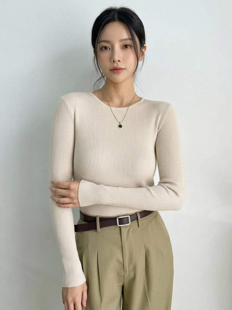 Krakow Ribbed Knit Crew Neck Fitted Pullover Sweater - Beige