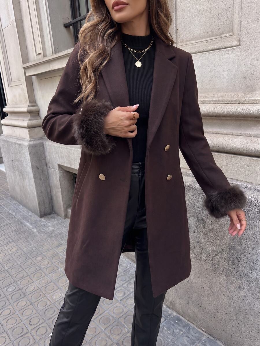 Aveline Double-Breasted Lapel Coat with Tailored Thigh-Length Cut - Apricot