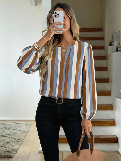 Nell Long Sleeve Blouse with Split V Neck and Lantern Sleeves - Blue Brown Stripe
